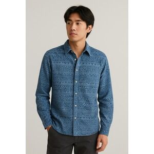 Eddie Bauer Classic Fit Long Sleeve Button Up Shirt Blue Aztec Print Mens L‎